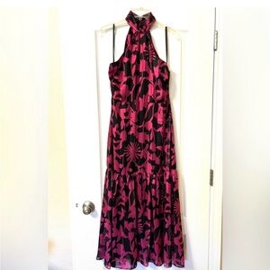 NWT Milly Maxi Dress Size 8 Medium Fuchsia Pink Black floral Halter tie NEW